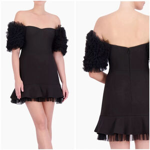 Women's BCBGMAXAZRIA Black Off-Shoulder Ruffle Mini Dress Size 6